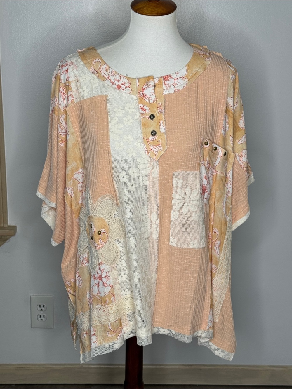 POL Peach Floral Patchwork Tunic Top